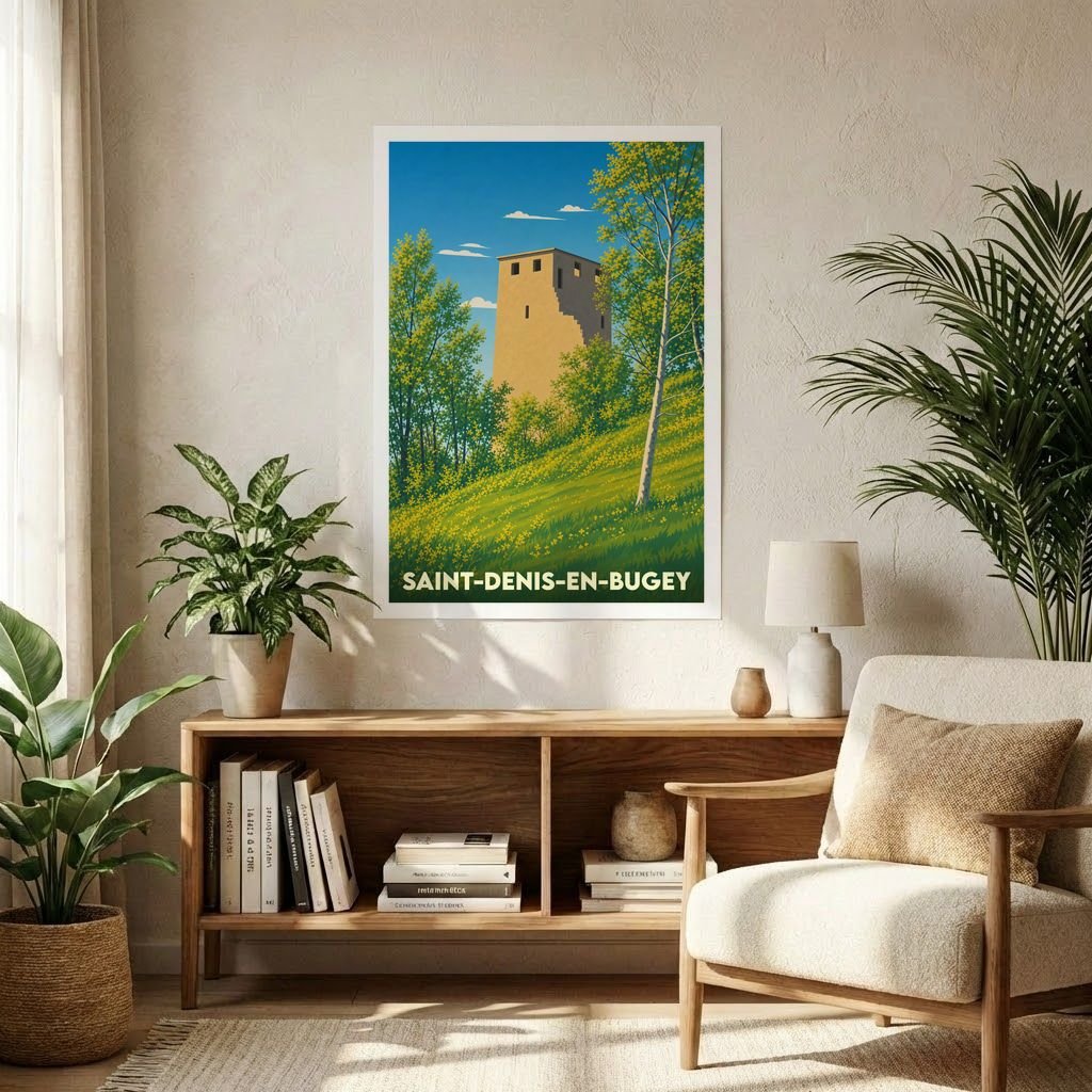 Affiche souvenir de la ville de Saint-Denis-en-Bugey représentant sa tour historique dans un style graphique et coloré.