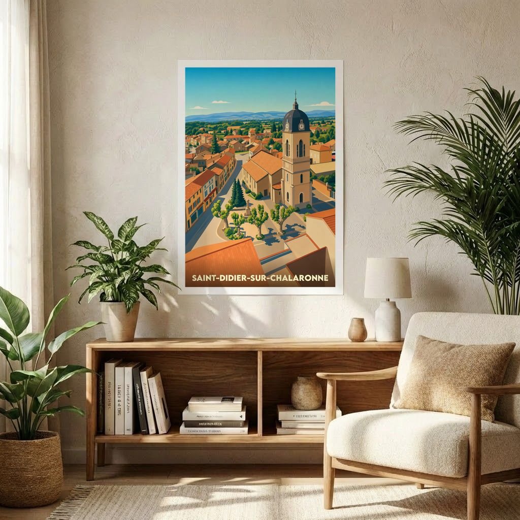 Affiche souvenir de la ville de Saint-Didier-sur-Chalaronne présentant une illustration stylisée et colorée de son église et de ses toits.