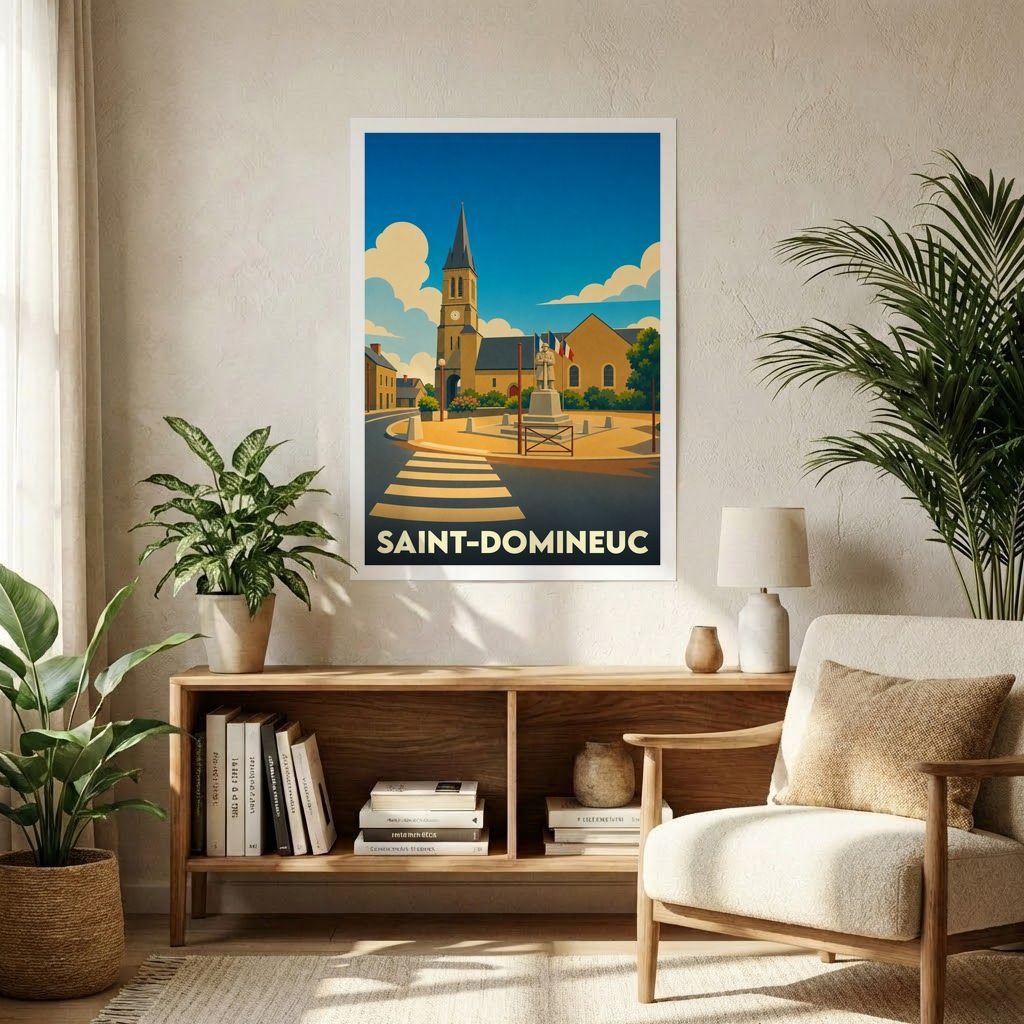 Affiche souvenir de la ville de Saint-Domineuc représentant son église et sa place centrale dans un style graphique rétro.