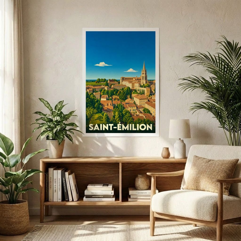 Affiche souvenir de la ville de Saint-Émilion avec une illustration stylisée et colorée.