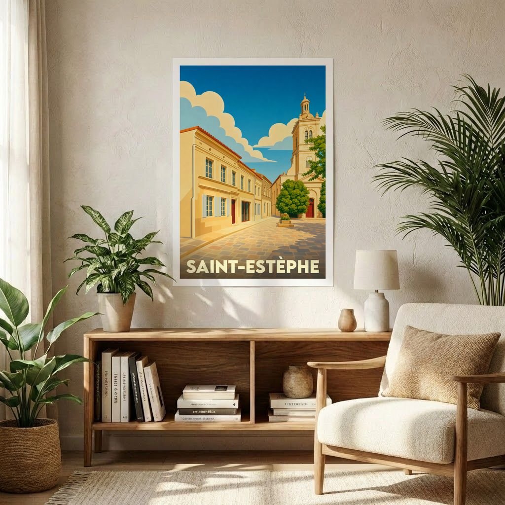 Affiche souvenir de la ville de Saint-Estèphe avec une illustration stylisée d'une rue ensoleillée et de son église.