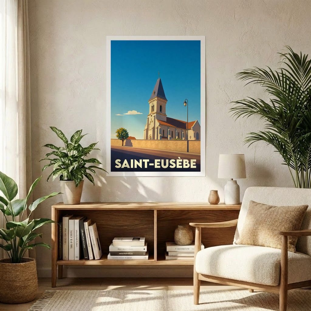 Affiche souvenir de la ville de Saint-Eusèbe avec une illustration stylisée de son église sous un ciel bleu.