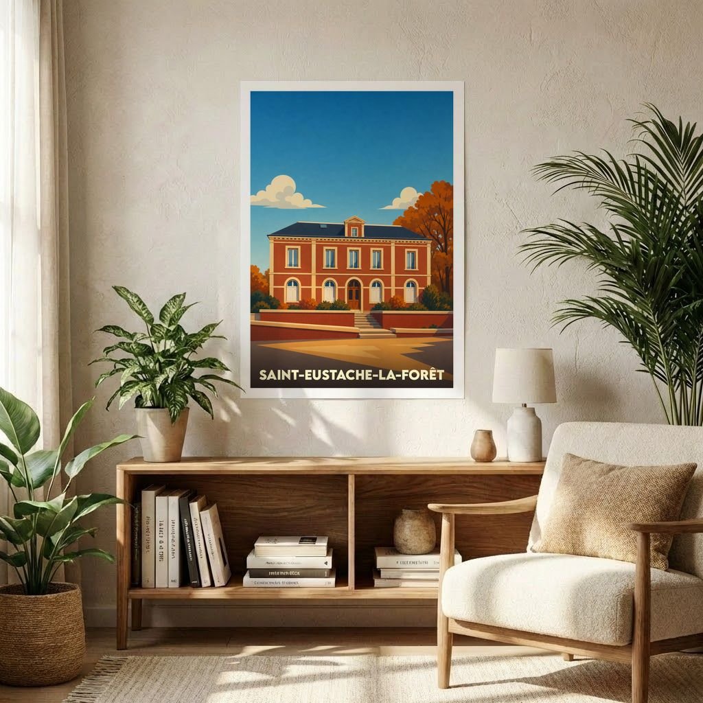 Affiche souvenir de la ville de Saint-Eustache-la-Forêt avec une illustration stylisée.