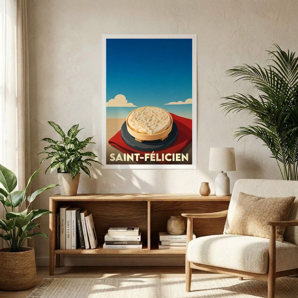 Affiche souvenir de la ville de Saint-Félicien illustrant un fromage local dans un style rétro et épuré.
