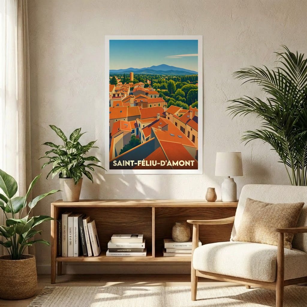 Affiche souvenir de la ville de Saint-Féliu-d'Amont présentant une illustration stylisée de ses toits orangés et des montagnes environnantes.