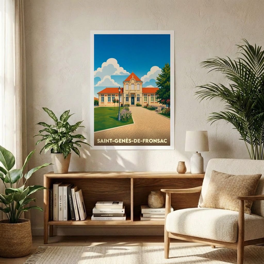 Affiche souvenir de la ville de Saint-Genès-de-Fronsac représentant sa mairie dans un style graphique rétro et coloré.