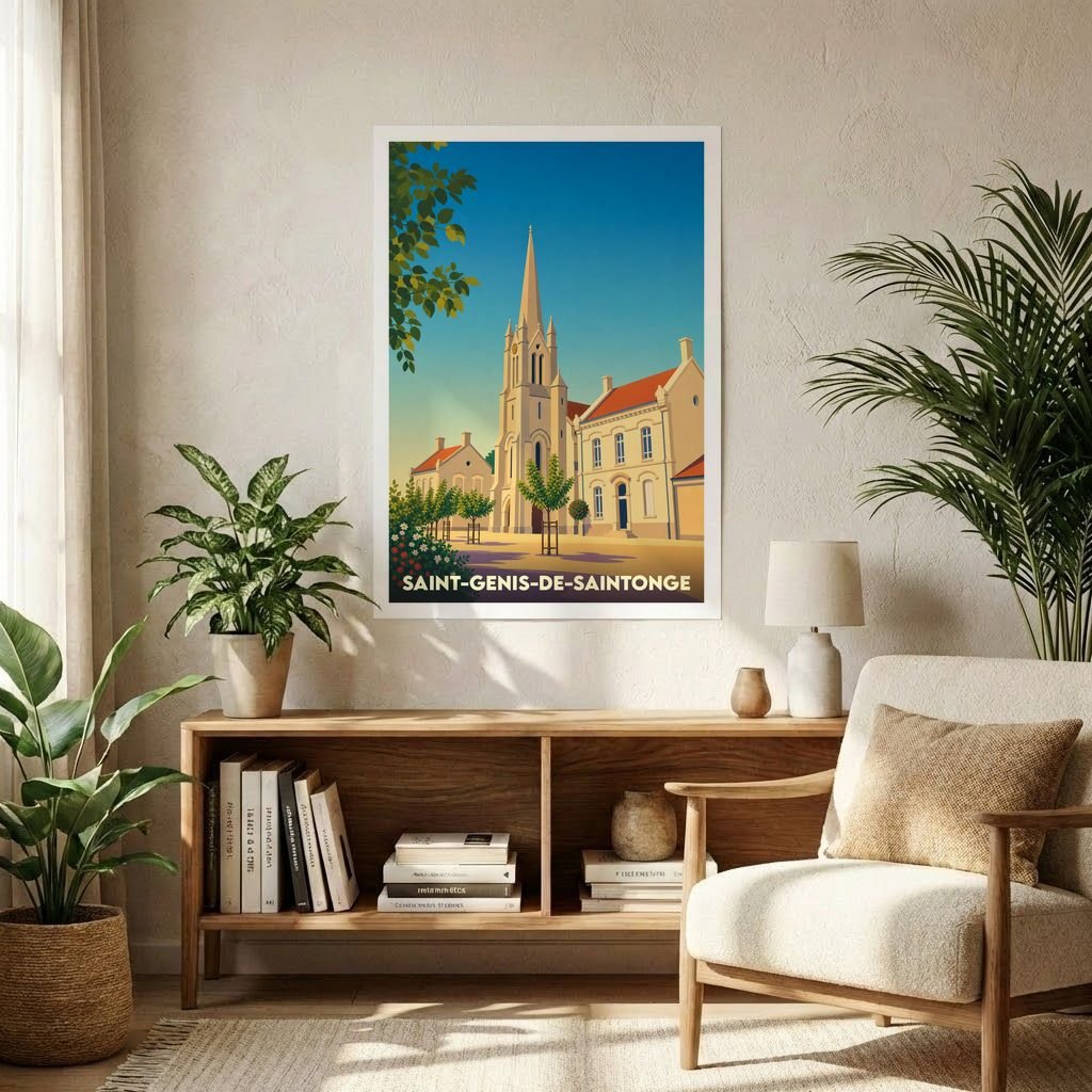 Affiche souvenir de la ville de Saint-Genis-de-Saintonge avec une illustration stylisée de son église et de son architecture locale.