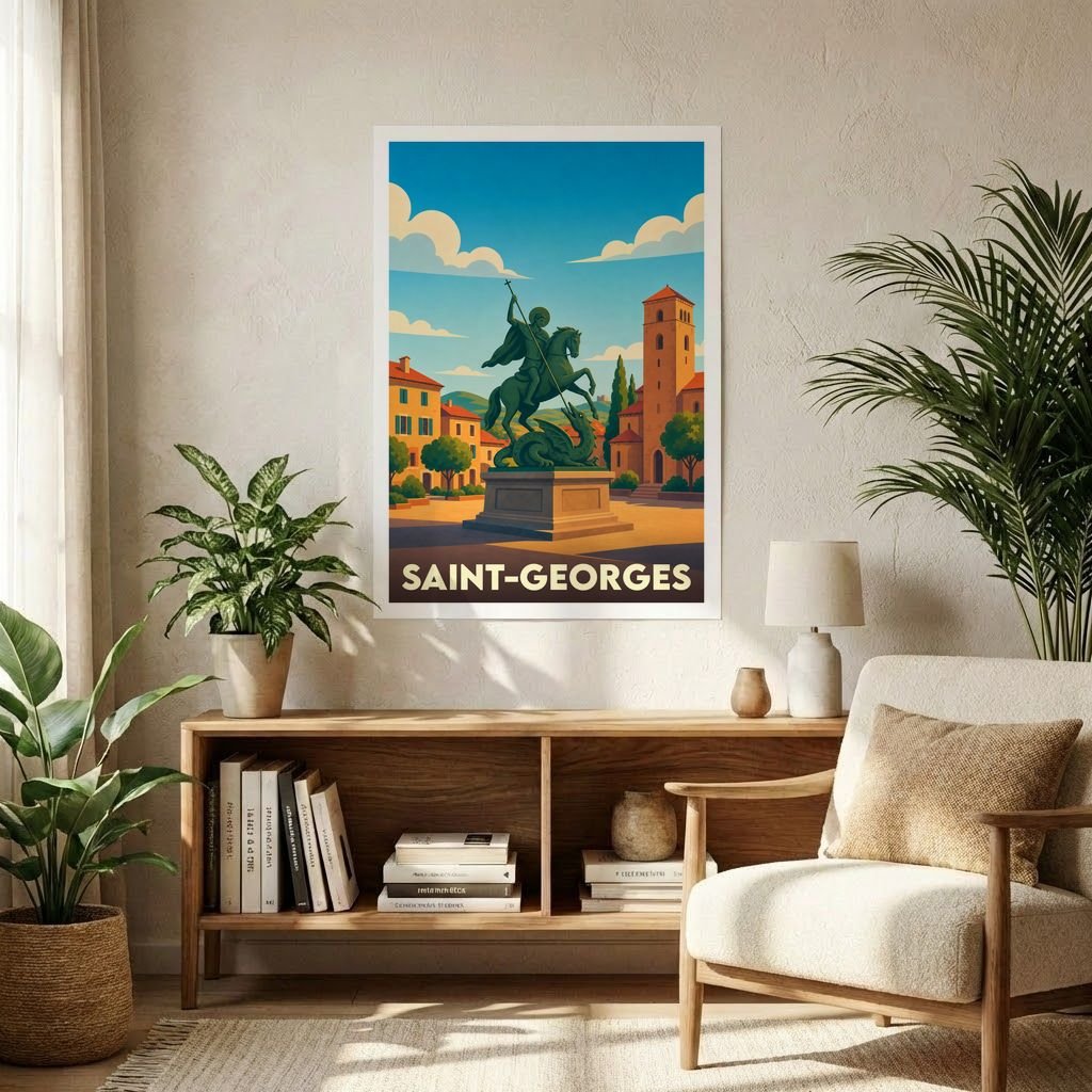 Affiche souvenir de la ville de Saint-Georges avec une illustration paysagère stylisée.