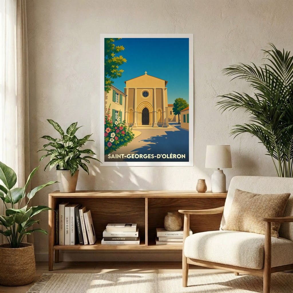 Affiche souvenir de la ville de Saint-Georges-d'Oléron avec une illustration stylisée de son église romane sous un ciel bleu radieux.