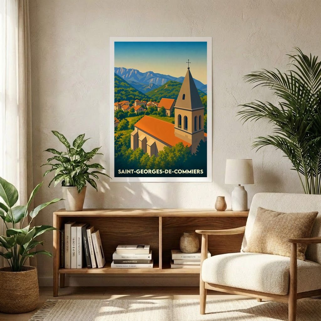 Affiche souvenir de la ville de Saint-Georges-de-Commiers avec une illustration stylisée de son église et des montagnes environnantes.