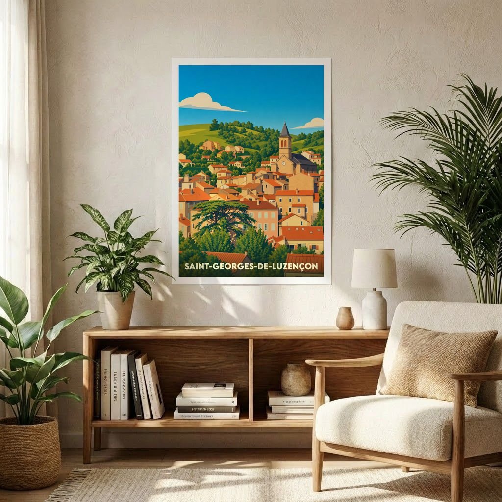 Affiche souvenir de la ville de Saint-Georges-de-Luzençon avec une illustration stylisée et colorée.