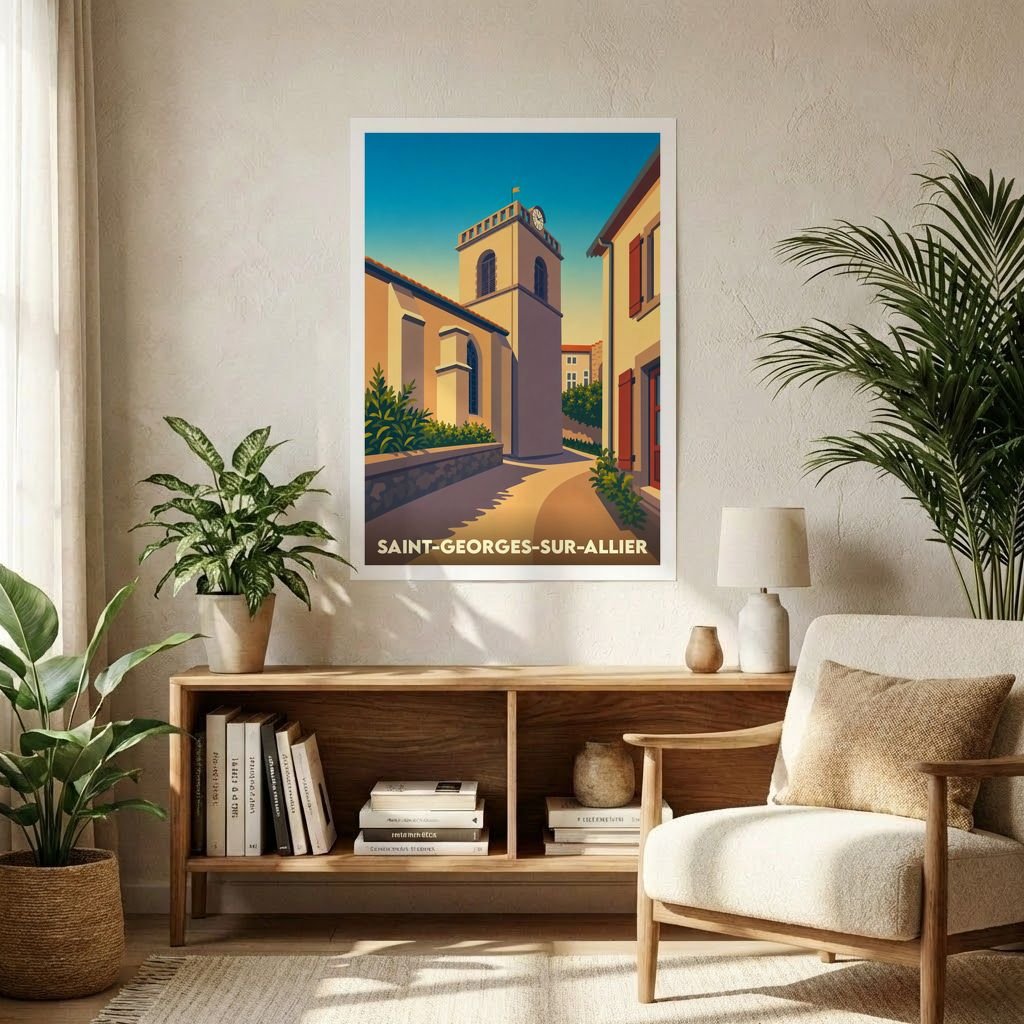 Affiche souvenir de la ville de Saint-Georges-sur-Allier avec une illustration stylisée de son clocher et de ses ruelles ensoleillées.
