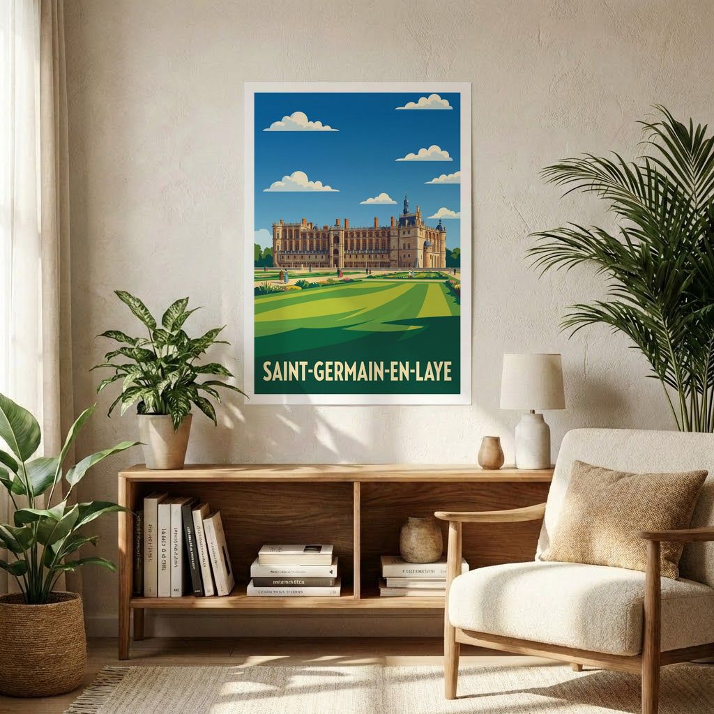 Affiche souvenir de la ville de Saint-Germain-en-Laye avec une illustration stylisée de son château.