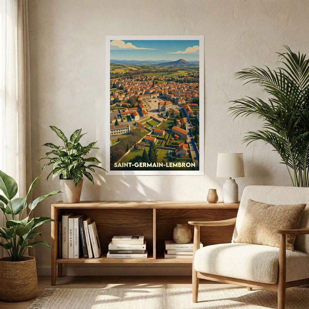 Affiche souvenir de la ville de Saint-Germain-Lembron avec une illustration stylisée en vue aérienne.