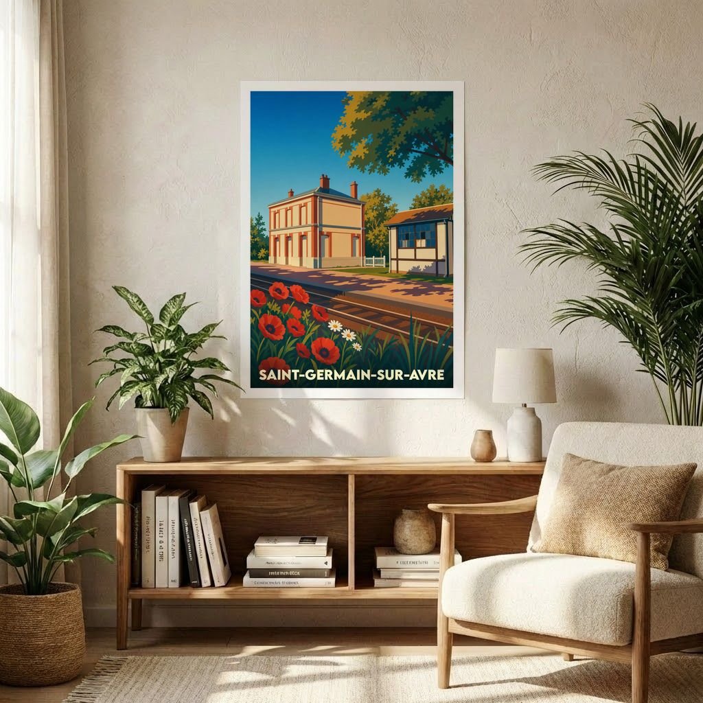 Affiche souvenir de la ville de Saint-Germain-sur-Avre avec une illustration stylisée d'une gare et de coquelicots.