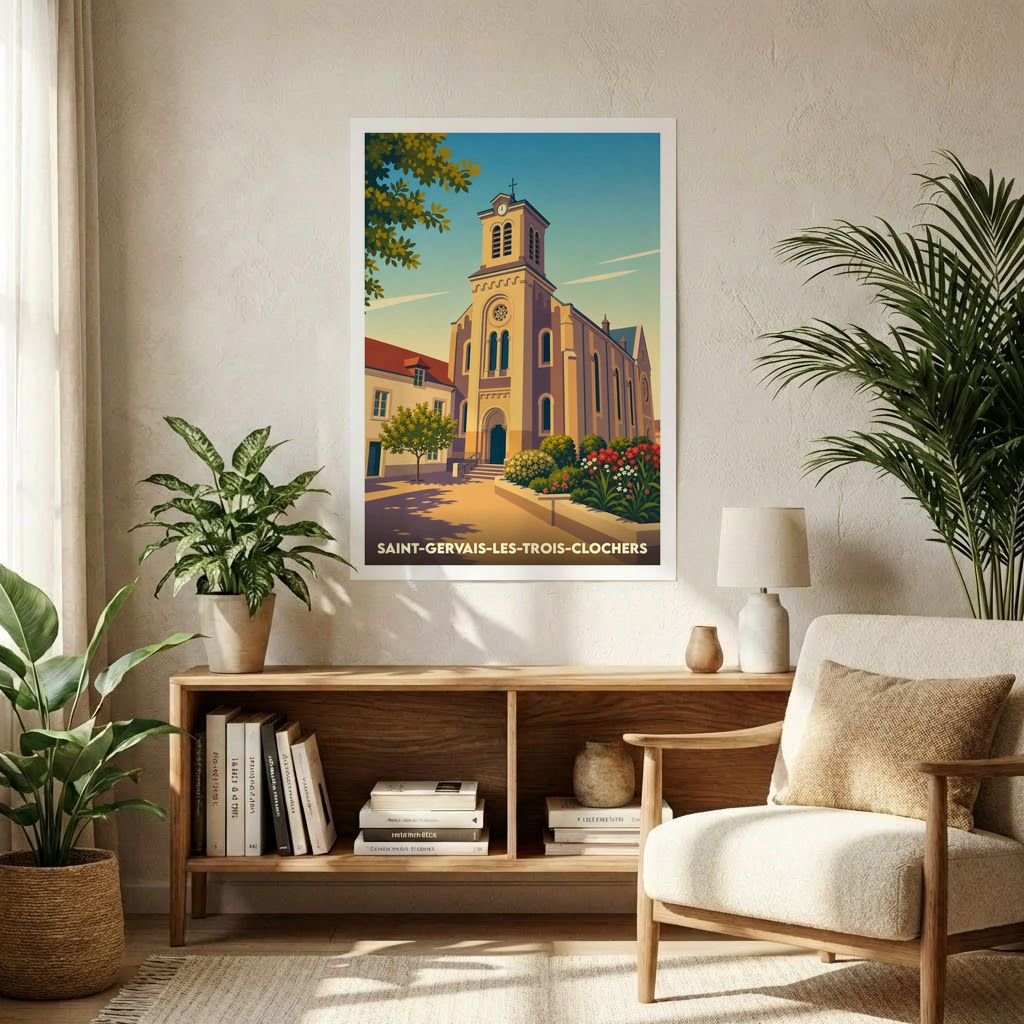 Affiche souvenir de la ville de Saint-Gervais-les-Trois-Clochers avec une illustration stylisée de son église sous un ciel ensoleillé.