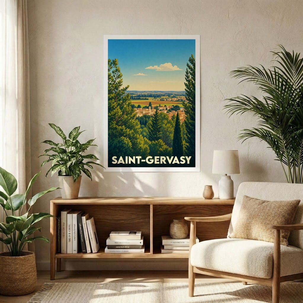 Affiche souvenir de la ville de Saint-Gervasy présentant une illustration paysagère stylisée.