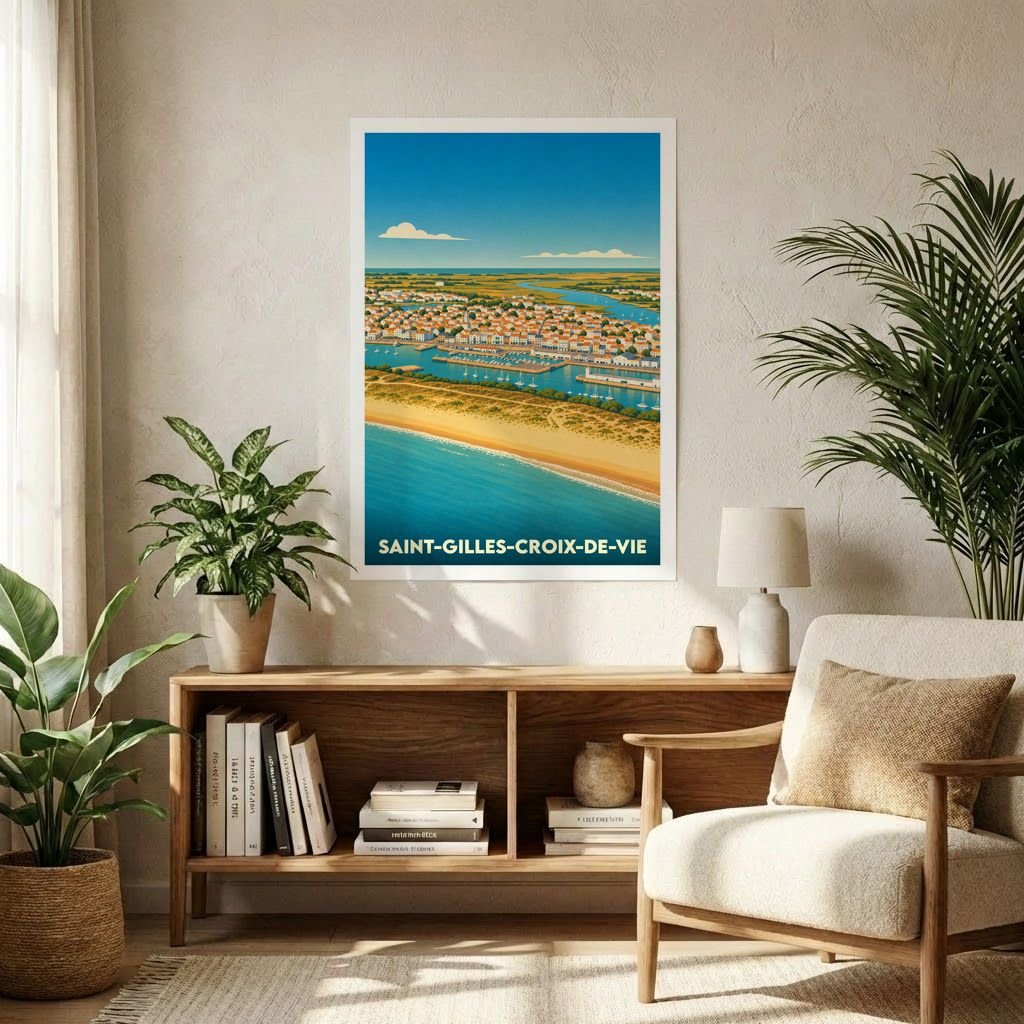 Affiche souvenir de la ville de Saint-Gilles-Croix-de-Vie avec une illustration stylisée vue du ciel.