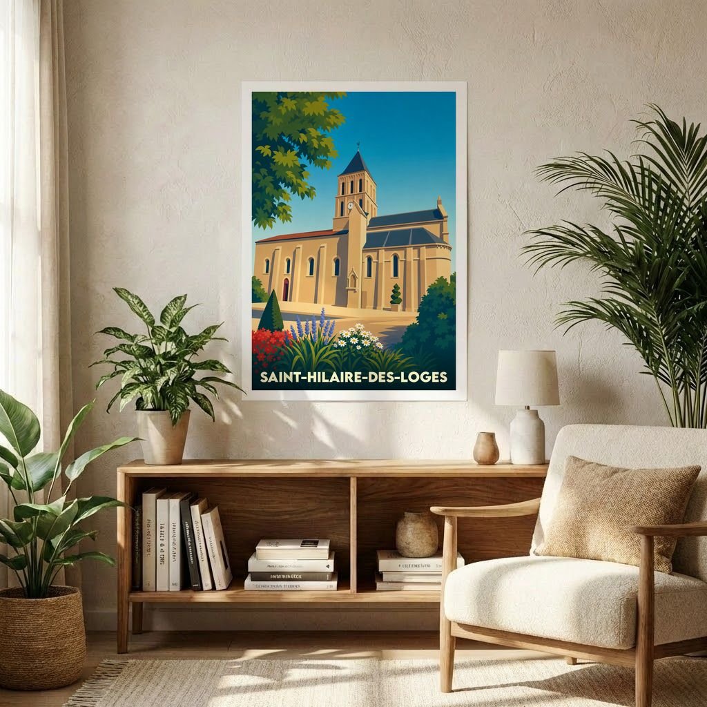 Affiche souvenir de la ville de Saint-Hilaire-des-Loges avec une illustration stylisée de son église sous un ciel bleu.