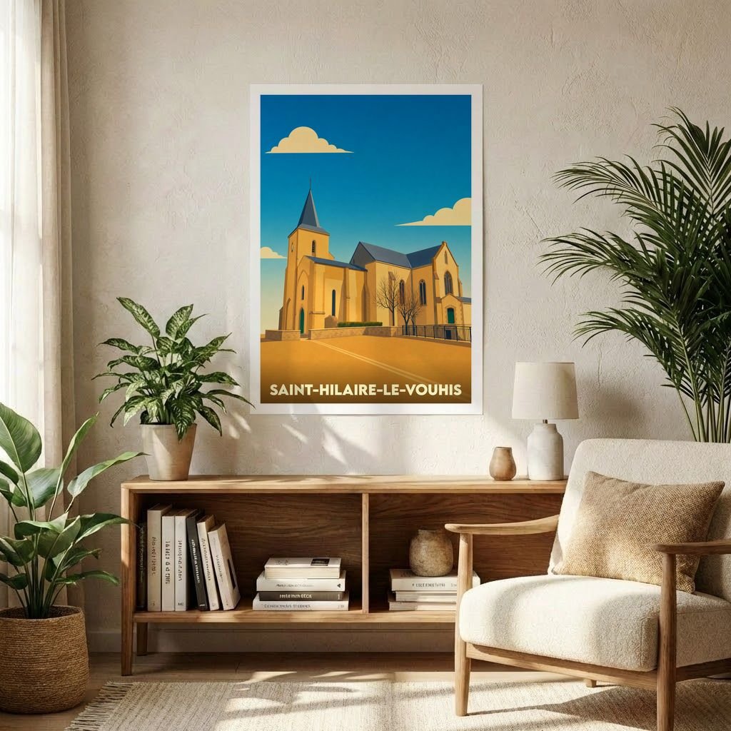 Affiche souvenir de la ville de Saint-Hilaire-le-Vouhis avec une illustration stylisée de son église.