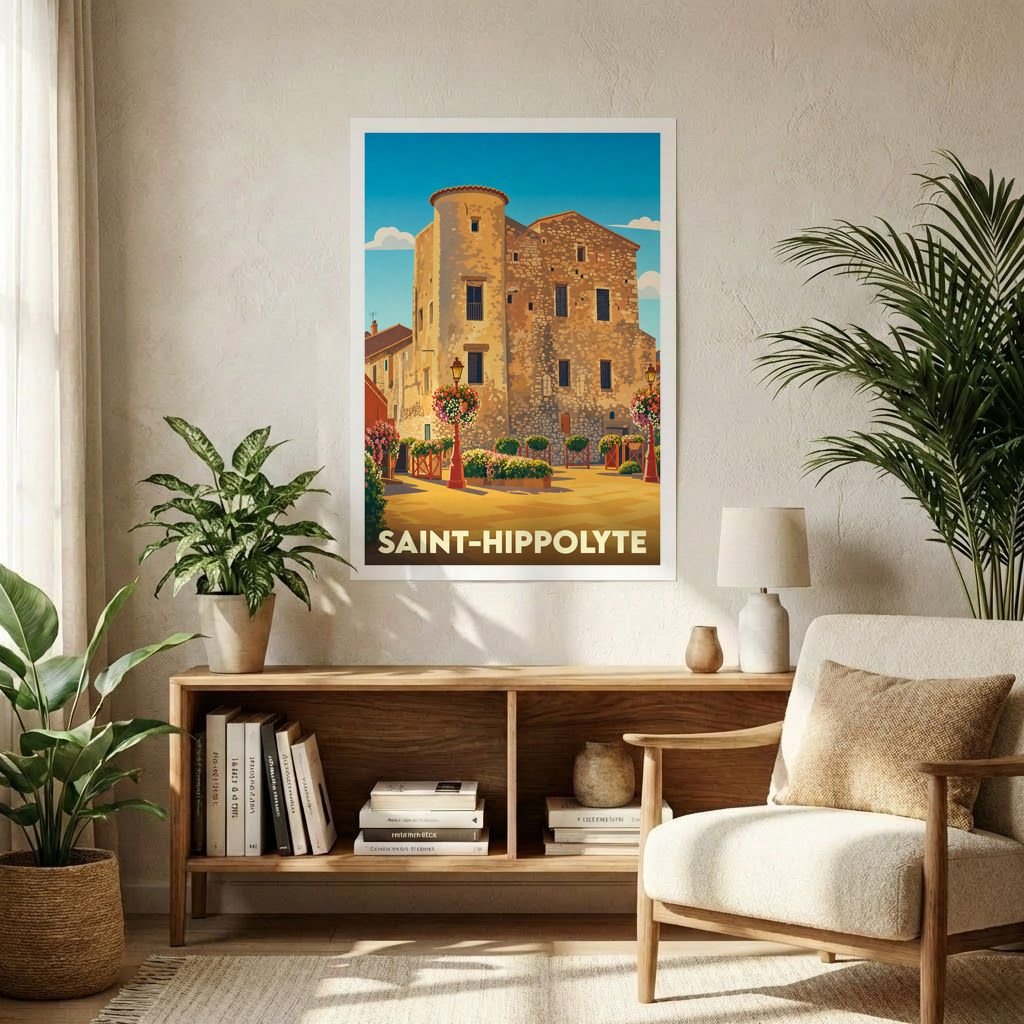 Affiche souvenir de la ville de Saint-Hippolyte avec une illustration stylisée d'un bâtiment historique en pierre.