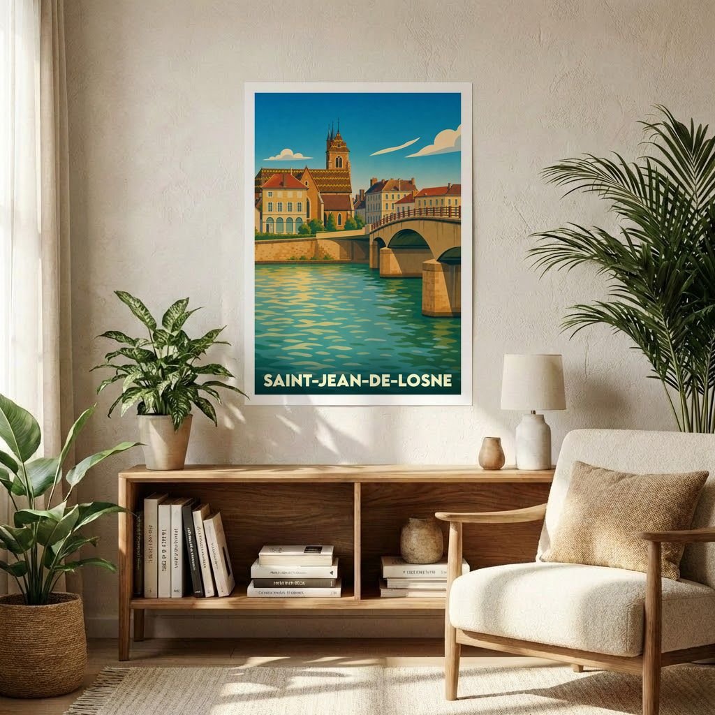 Affiche souvenir de la ville de Saint-Jean-de-Losne avec une illustration stylisée d'un pont et de son église.