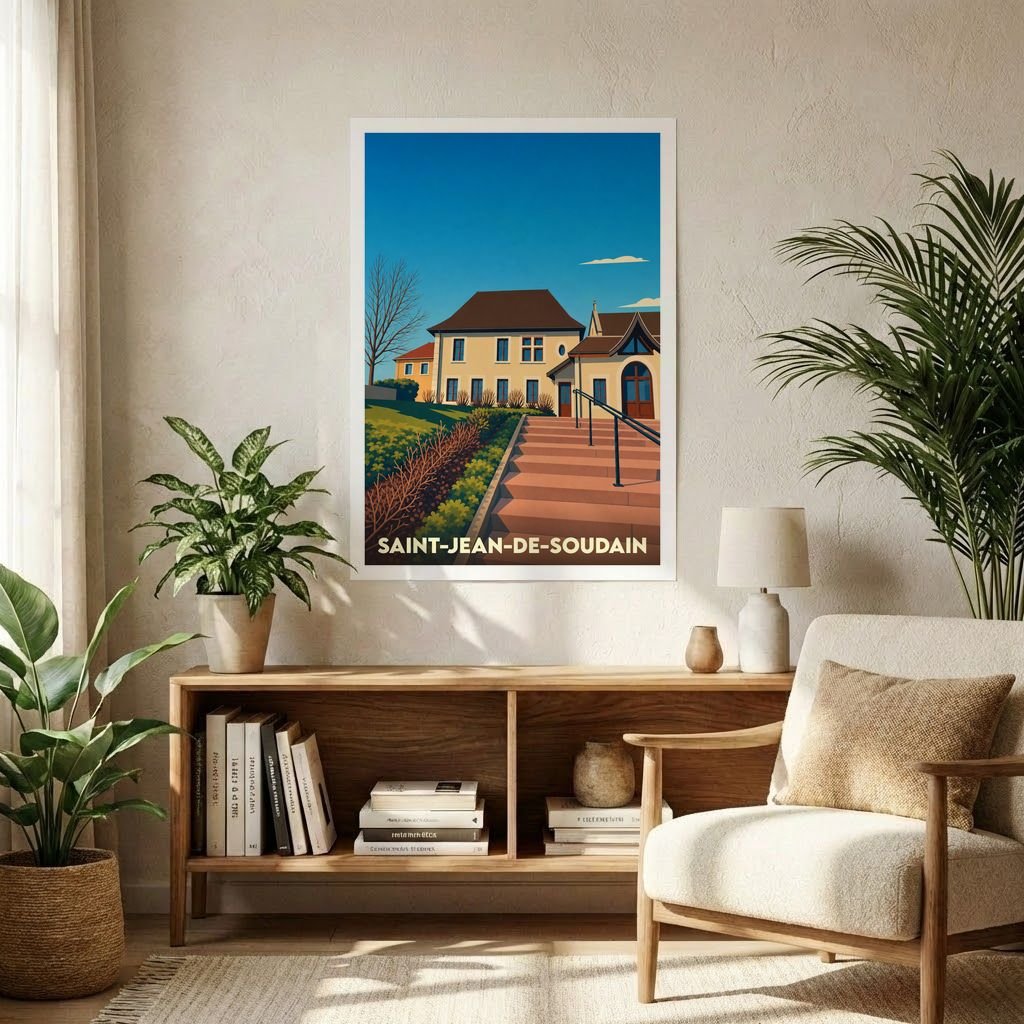 Affiche souvenir de la ville de Saint-Jean-de-Soudain avec une illustration stylisée d'un bâtiment et de son escalier.