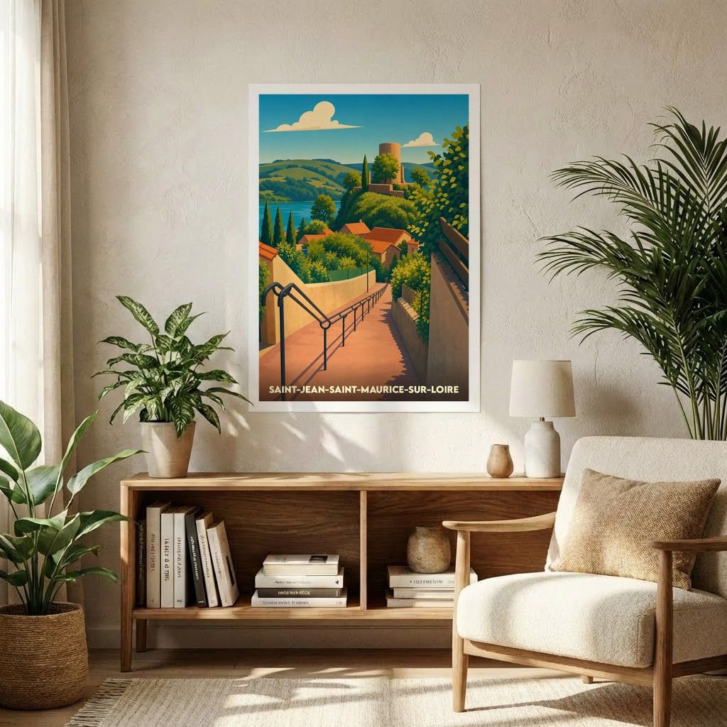 Affiche souvenir de la ville de Saint-Jean-Saint-Maurice-sur-Loire avec une illustration stylisée.