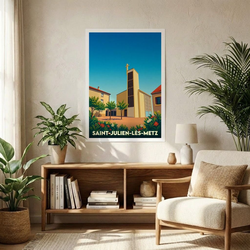 Affiche souvenir de la ville de Saint-Julien-lès-Metz avec une illustration stylisée de son église et de ses environs.