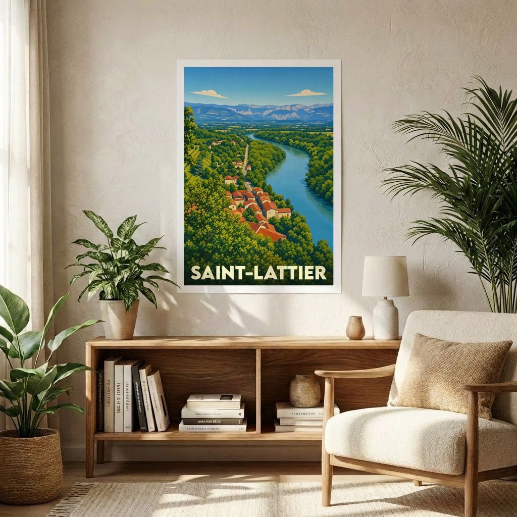 Affiche souvenir de la ville de Saint-Lattier avec une illustration stylisée d'un paysage fluvial.