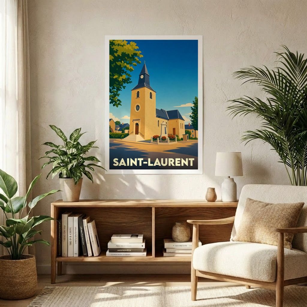 Affiche souvenir de la ville de Saint-Laurent représentant une église dans un style graphique rétro.