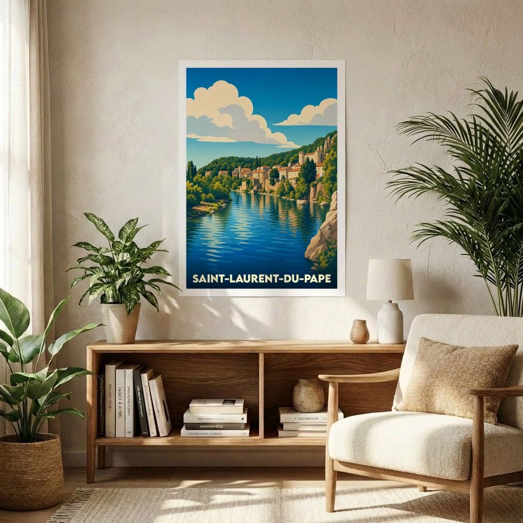 Affiche souvenir de la ville de Saint-Laurent-du-Pape avec une illustration stylisée de son paysage fluvial.