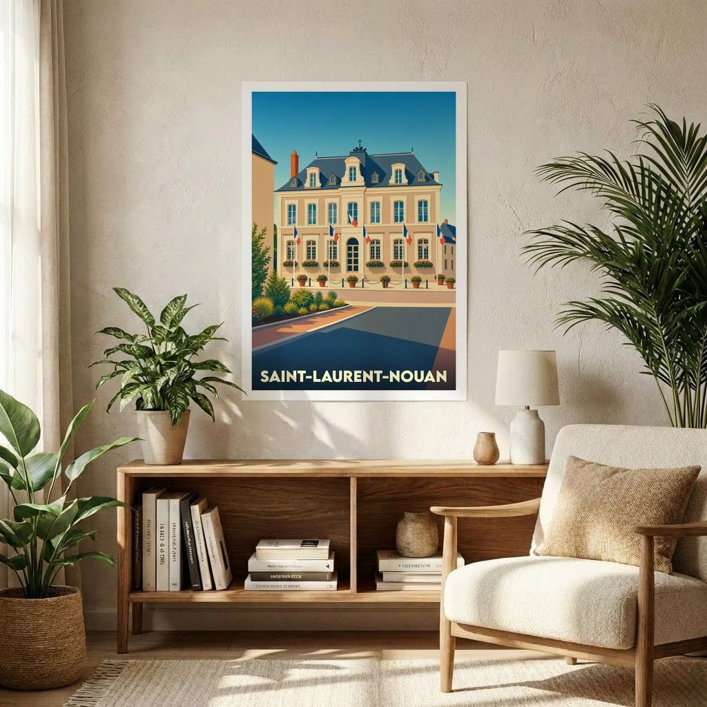 Affiche souvenir de la ville de Saint-Laurent-Nouan avec une illustration stylisée de son hôtel de ville.