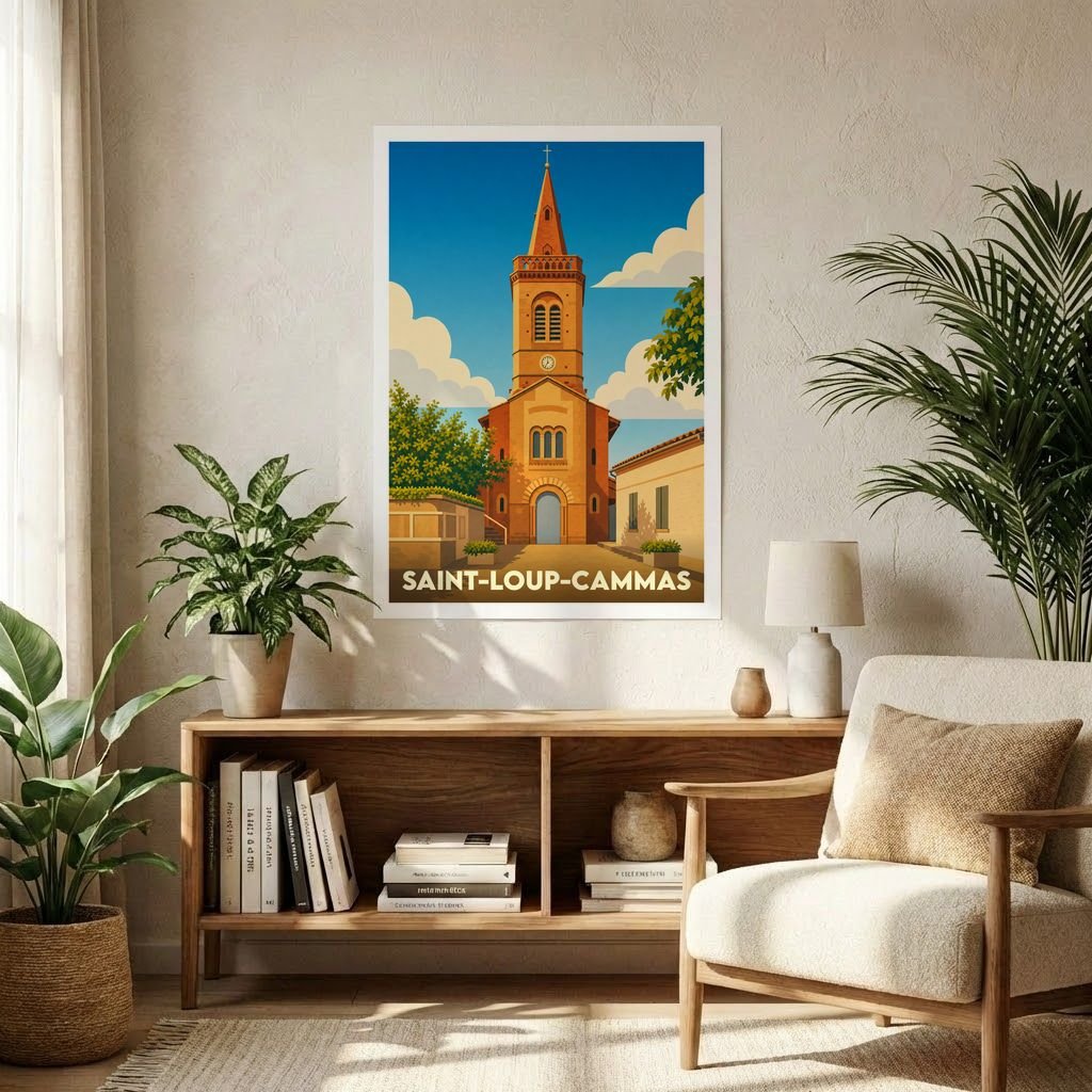 Affiche souvenir de la ville de Saint-Loup-Cammas avec une illustration stylisée de son église traditionnelle.