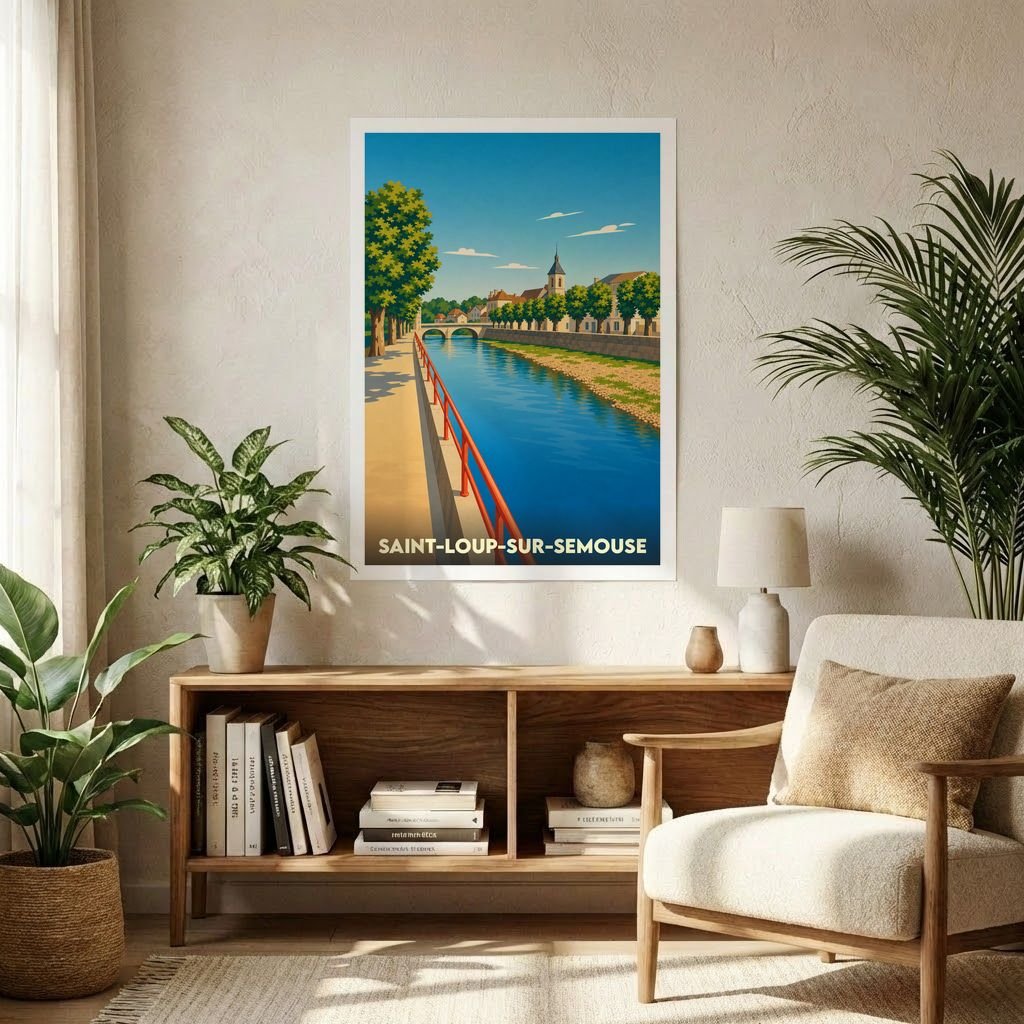 Affiche souvenir de la ville de Saint-Loup-sur-Semouse avec une illustration stylisée d'un canal bordé d'arbres.