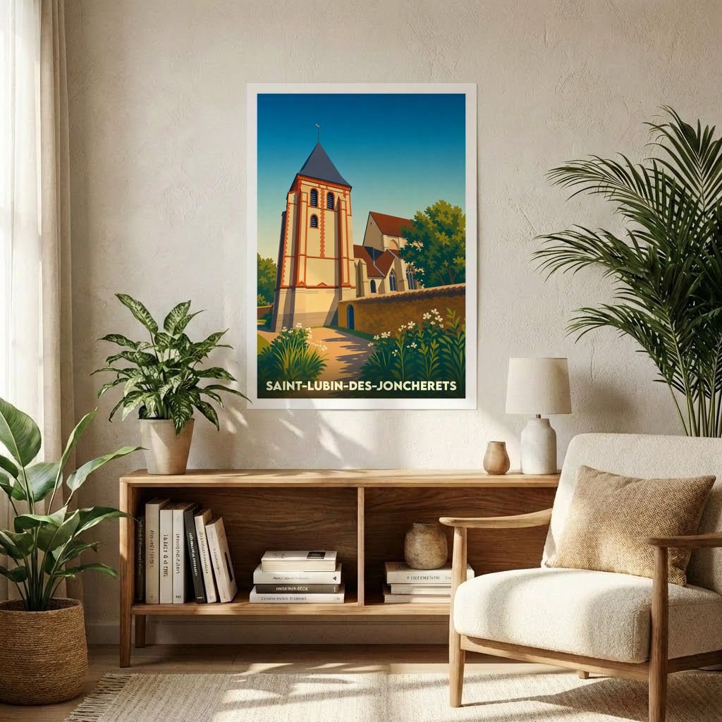 Affiche souvenir de la ville de Saint-Lubin-des-Joncherets avec une illustration stylisée de son église.
