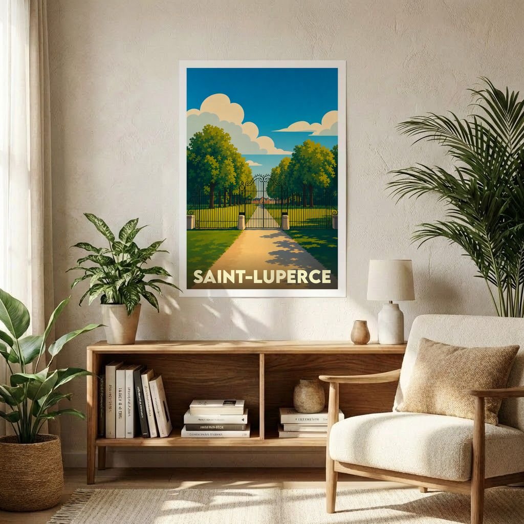 Affiche souvenir de la ville de Saint-Luperce avec une illustration stylisée d'une allée arborée.