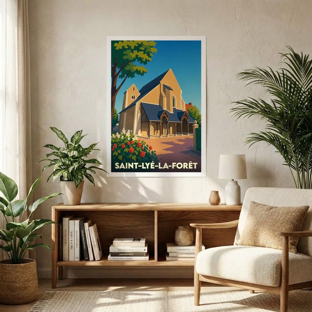 Affiche souvenir de la ville de Saint-Lyé-la-Forêt avec une illustration stylisée de son église.