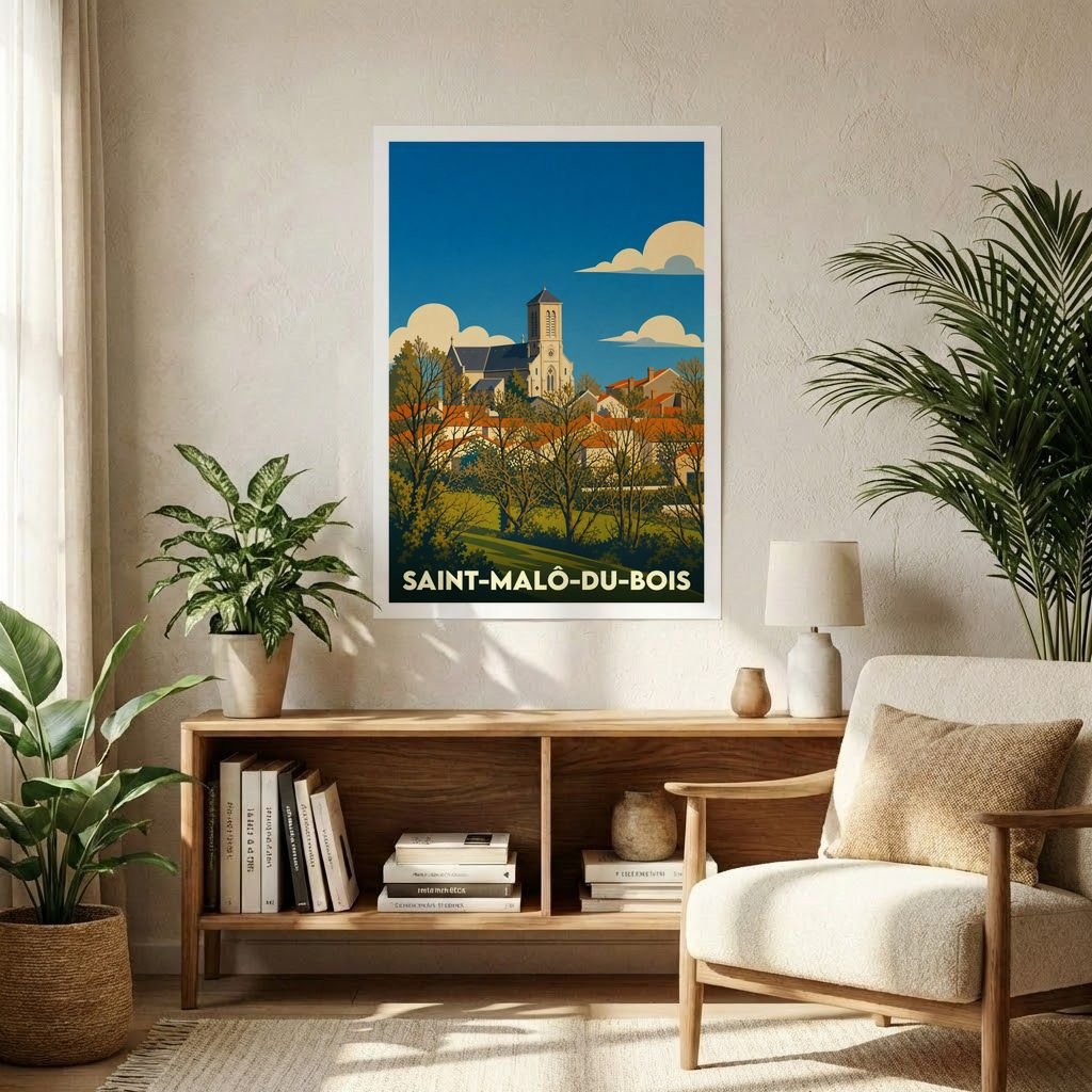 Affiche souvenir de la ville de Saint-Malô-du-Bois avec une illustration stylisée d'un clocher et de maisons.