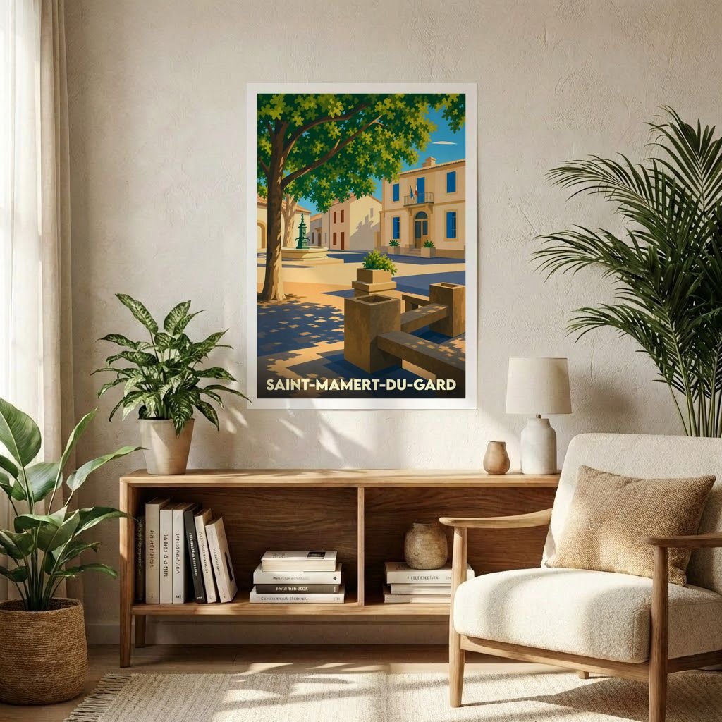 Affiche souvenir de la ville de Saint-Mamert-du-Gard avec une illustration stylisée d'une place ensoleillée.
