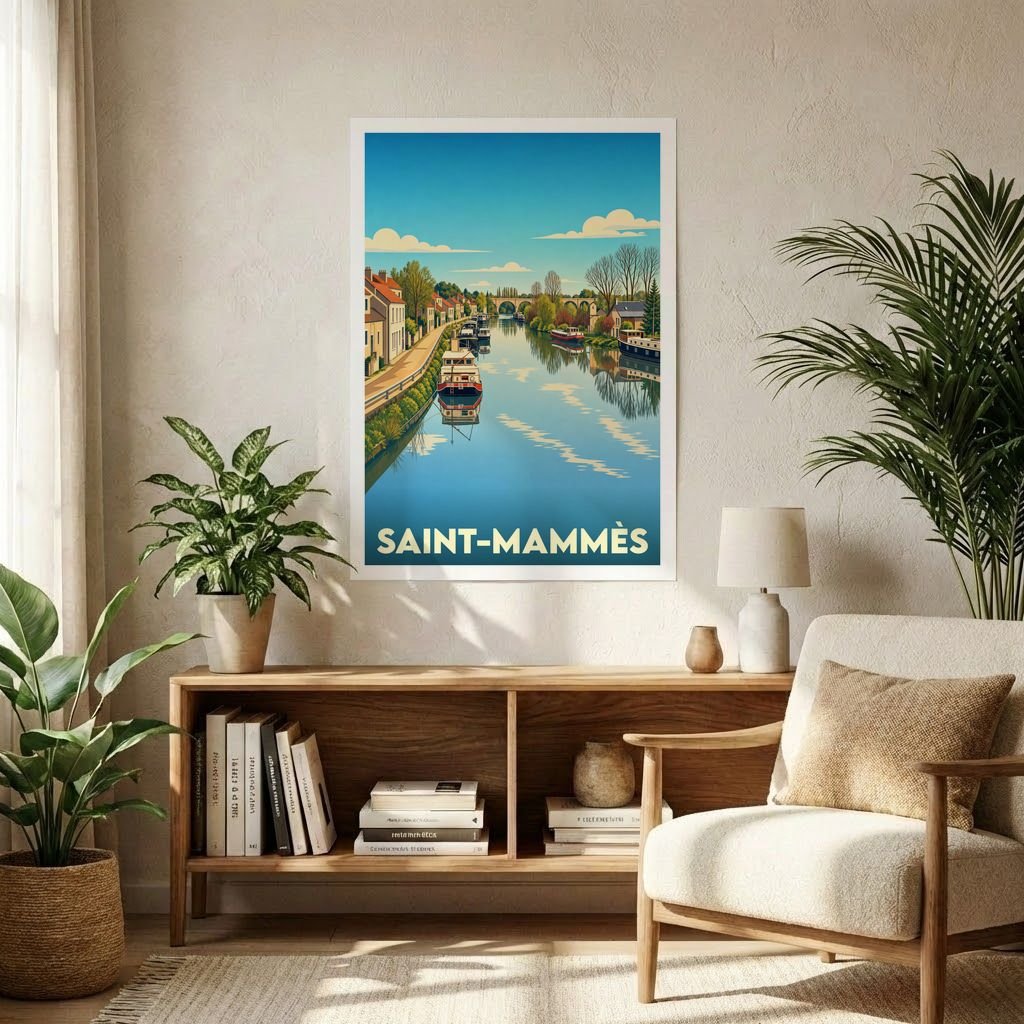 Affiche souvenir de la ville de Saint-Mammès représentant une illustration stylisée d'un canal avec des péniches.