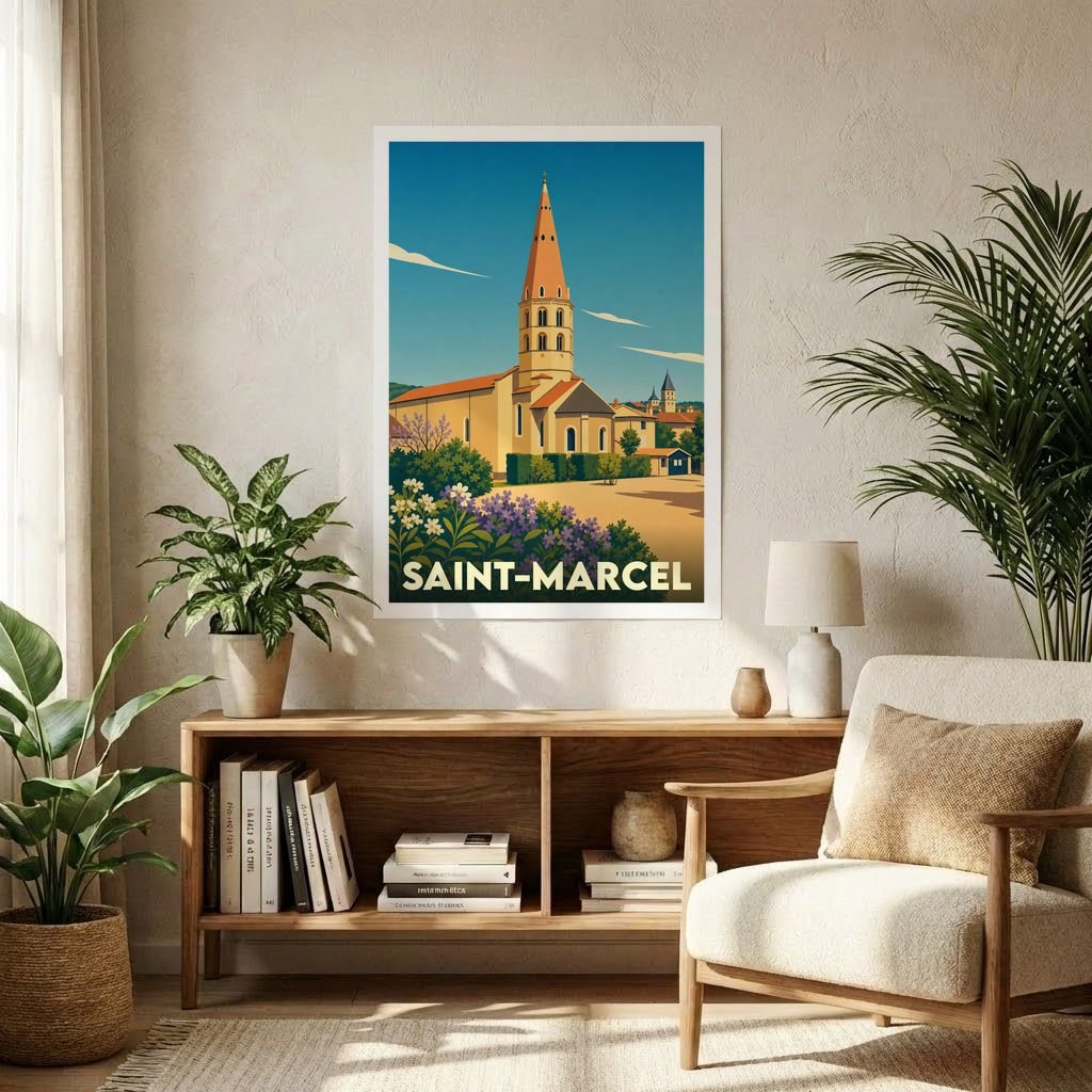 Affiche souvenir de la ville de Saint-Marcel représentant son église dans un style graphique rétro.