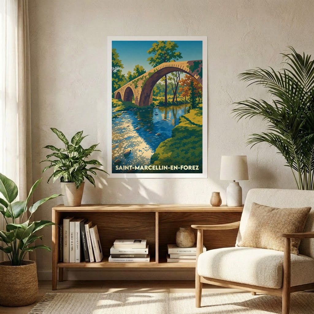 Affiche souvenir de la ville de Saint-Marcellin-en-Forez illustrant un pont en pierre surplombant une rivière dans un style graphique et coloré.