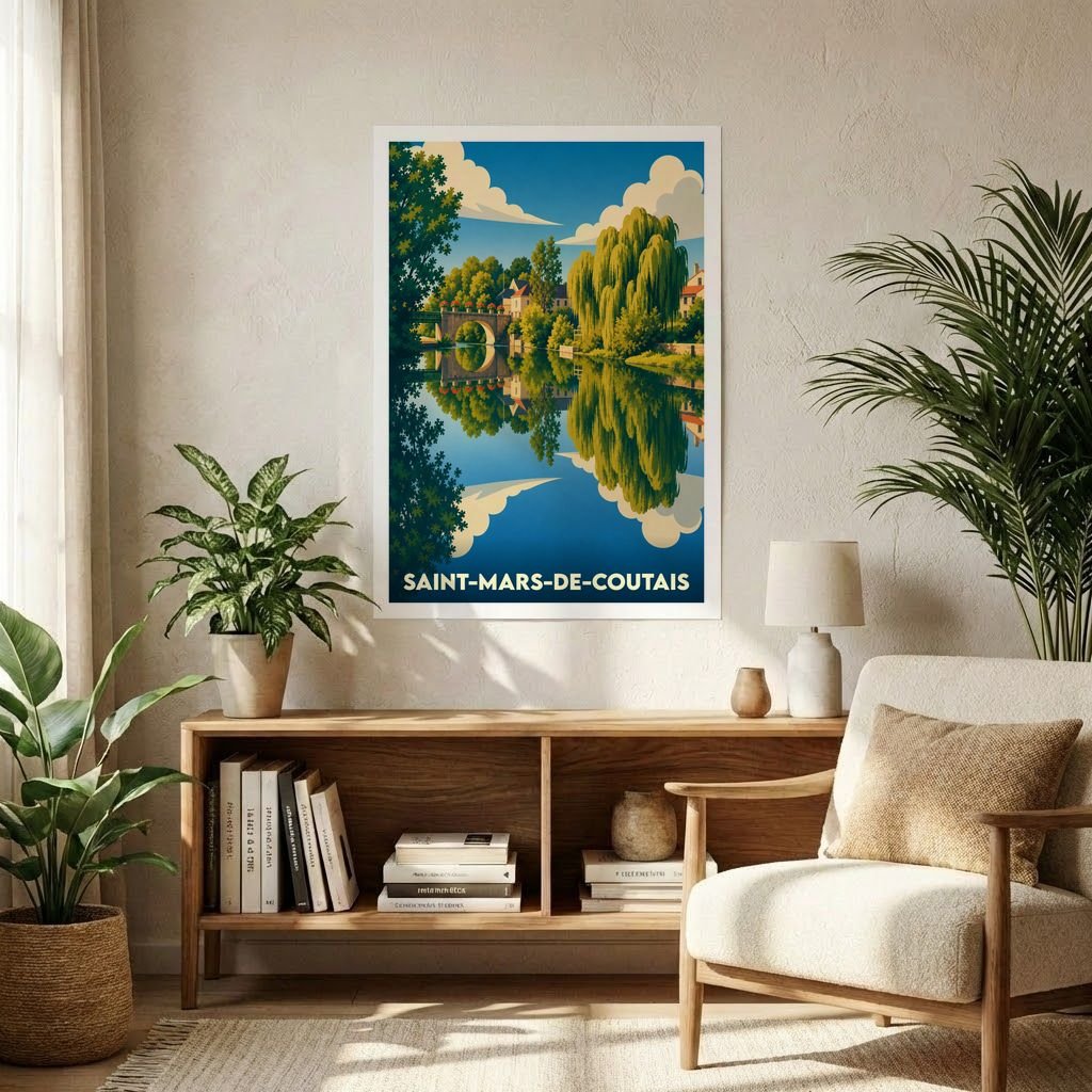 Affiche souvenir de la ville de Saint-Mars-de-Coutais avec une illustration stylisée d'un paysage fluvial.