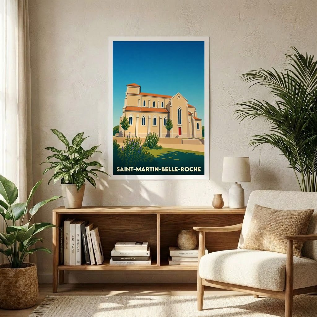 Affiche souvenir de la ville de Saint-Martin-Belle-Roche avec une illustration stylisée de son église.