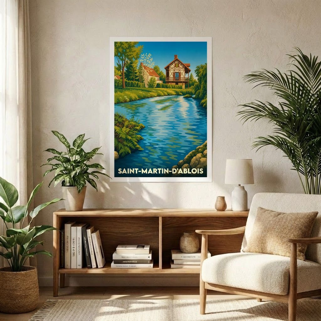 Affiche souvenir de la ville de Saint-Martin-d'Ablois présentant une illustration stylisée d'un paysage fluvial paisible.