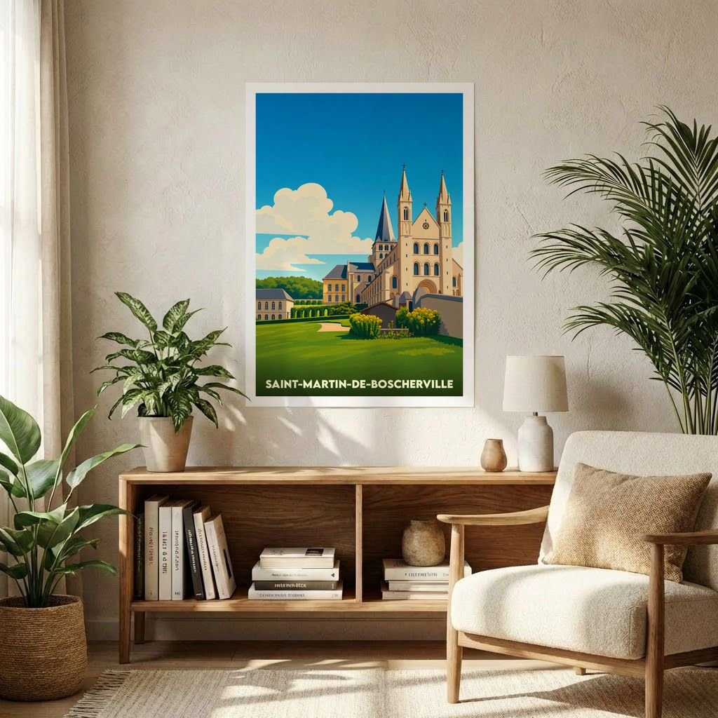 Affiche souvenir de la ville de Saint-Martin-de-Boscherville présentant une illustration stylisée de son abbaye normande.
