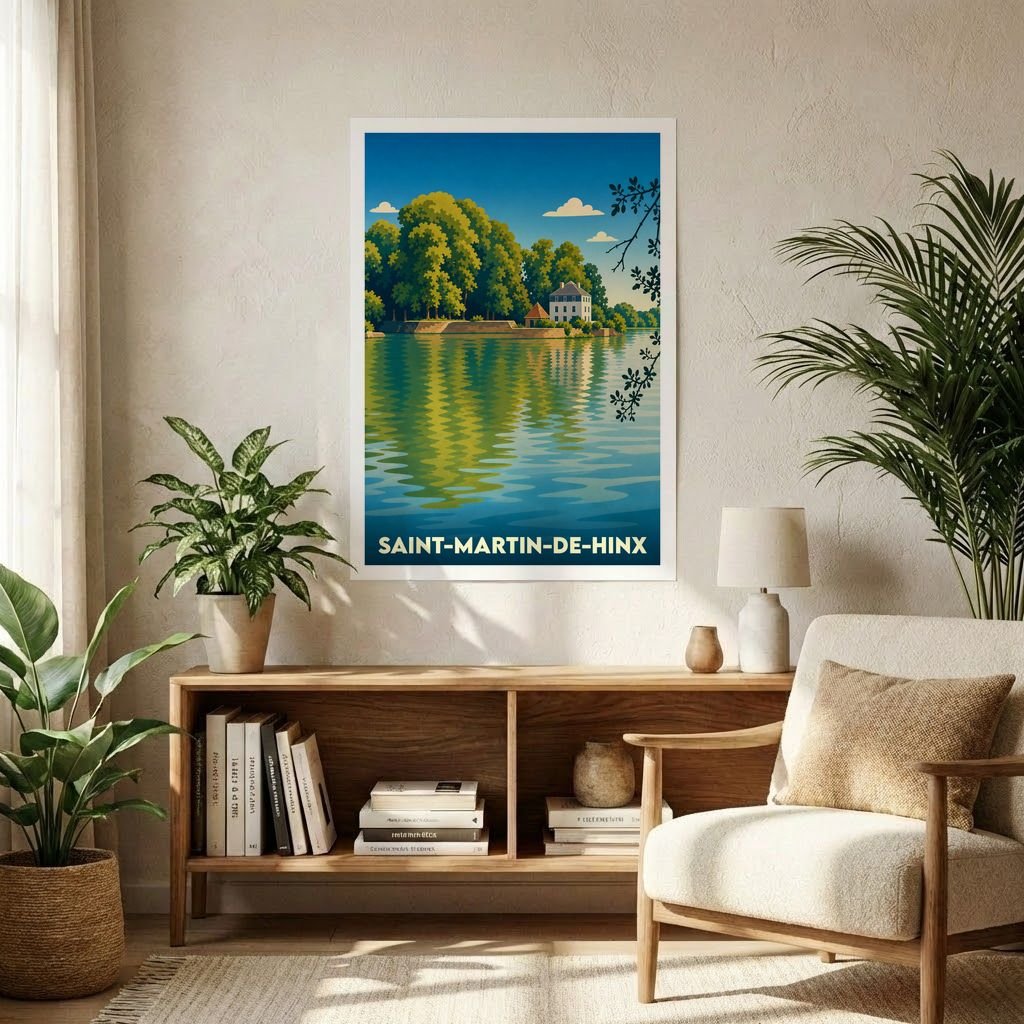 Affiche souvenir de la ville de Saint-Martin-de-Hinx avec une illustration stylisée d'un paysage lacustre.