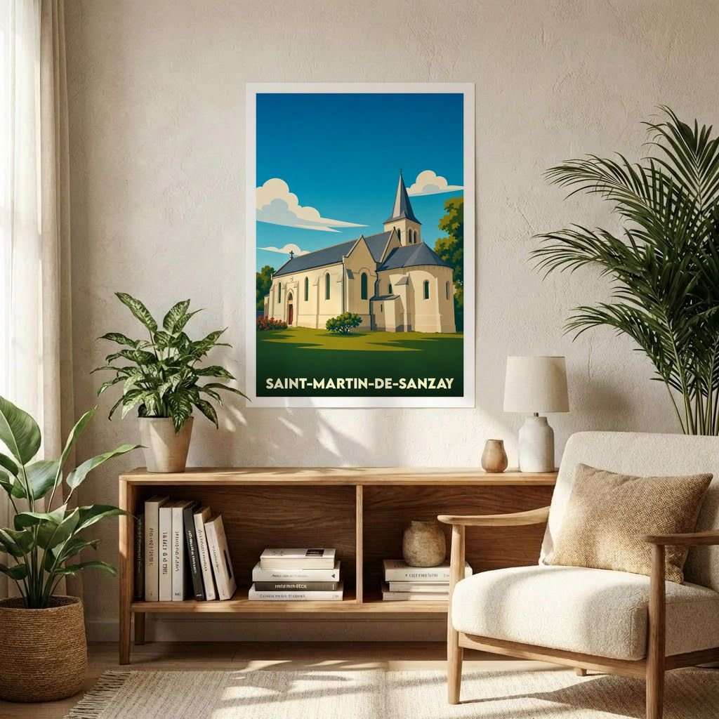 Affiche souvenir de la ville de Saint-Martin-de-Sanzay avec une illustration stylisée de son église.