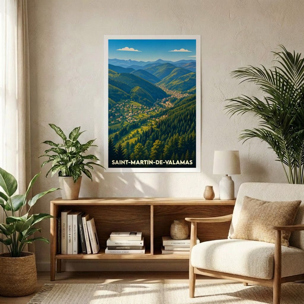 Affiche souvenir de la ville de Saint-Martin-de-Valamas avec une illustration stylisée de sa vallée verdoyante.